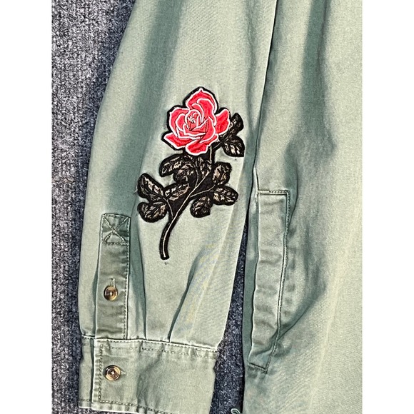 PacSun Shacket Jacket‎ with Embroidered Patches Military Green Womens Size Small - Picture 6 of 13